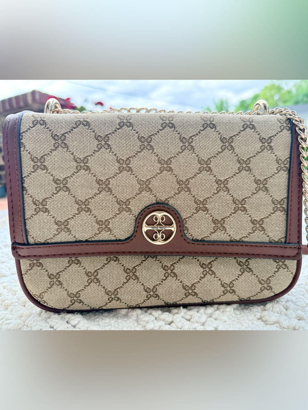 Nine West Kyelle Tan and Brown Signature Monogram convertible Crossbody bag